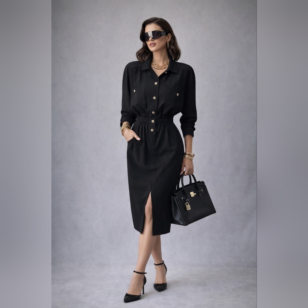 Vintage Valentino Miss V Black Shirt Dress 80s Structured Button Midi Size L 44